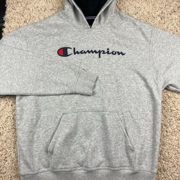 Champion Hoodie Mens Large Gray Long Sleeve Sweatshirt Solid With Logo - Picture 1 of 8